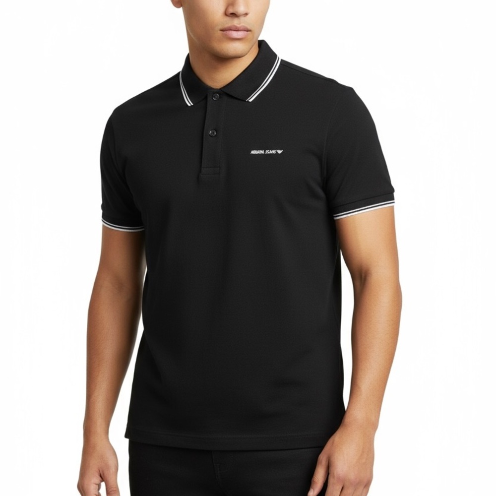 NWT ARMANI JEANS men’s black polo shirt black white trim large